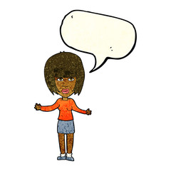 cartoon woman shrugging shoulders with speech bubble