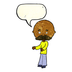 cartoon man with mustache with speech bubble