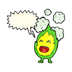 cartoon flame character with speech bubble