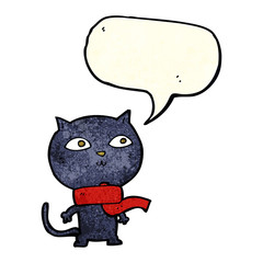 cartoon black cat wearing scarf with speech bubble