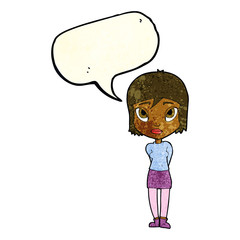 cartoon shy girl with speech bubble