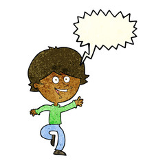 cartoon happy waving boy with speech bubble