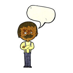 cartoon man with mustache with speech bubble