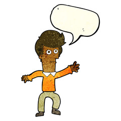 cartoon man waving with speech bubble