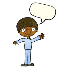 cartoon happy waving boy with speech bubble
