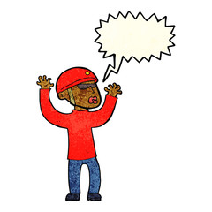 cartoon security man panicking with speech bubble