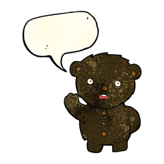 cartoon unhappy black teddy bear with speech bubble