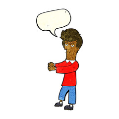 cartoon bored man showing the way with speech bubble