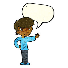 cartoon woman waving with speech bubble