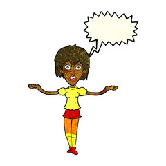 cartoon woman shrugging shoulders with speech bubble