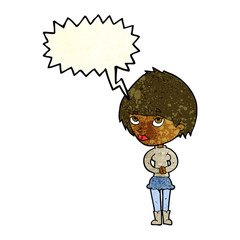 cartoon nervous woman with speech bubble