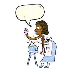 cartoon housewife washing up with speech bubble