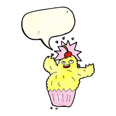 cartoon cupcake monster with speech bubble