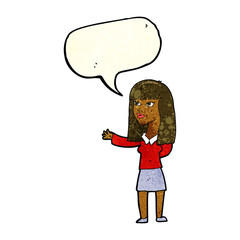 cartoon woman gesturing to show something with speech bubble