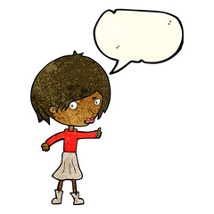 cartoon woman raising eyebrow with speech bubble