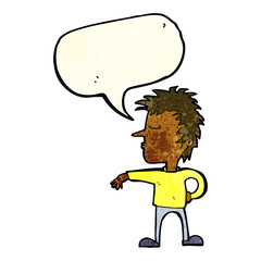 cartoon man making camp gesture with speech bubble
