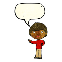 cartoon boy pointing with speech bubble