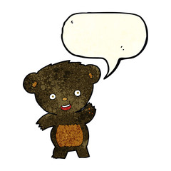 cartoon waving black bear with speech bubble