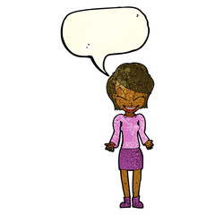 cartoon happy woman shrugging shoulders with speech bubble