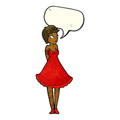 cartoon pretty woman in dress with speech bubble