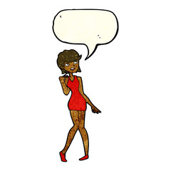 cartoon woman in cocktail dress with speech bubble