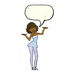 cartoon woman in cocktail dress with speech bubble