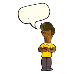cartoon man with folded arms with speech bubble