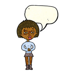 cartoon suspicious girl with speech bubble