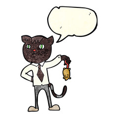 cartoon business cat with dead mouse with speech bubble
