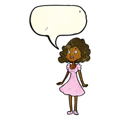 cartoon happy woman in dress with speech bubble