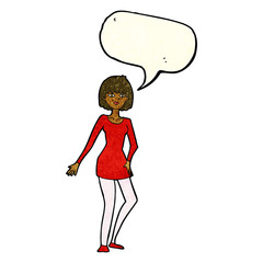cartoon woman in dress with speech bubble