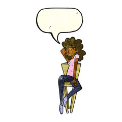 cartoon woman posing on chair with speech bubble