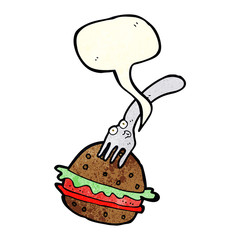 cartoon fork and burger with speech bubble