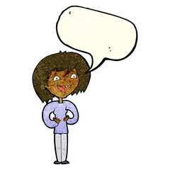 cartoon excited woman with speech bubble