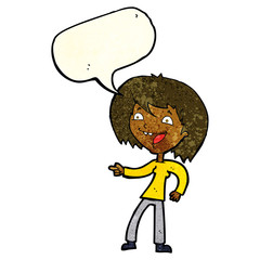 cartoon woman laughing and pointing with speech bubble