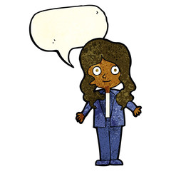 cartoon friendly business woman with speech bubble