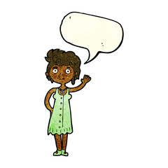 cartoon hippie woman waving with speech bubble