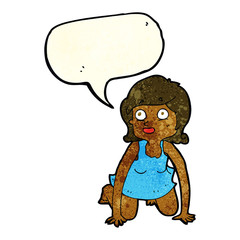 cartoon woman on all fours with speech bubble