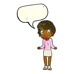 cartoon woman shrugging shoulders with speech bubble