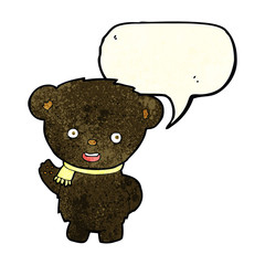 cartoon black bear waving with speech bubble