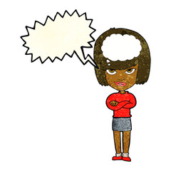 cartoon woman with folded arms imagining with speech bubble