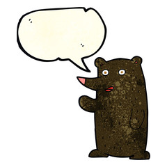 cartoon waving black bear with speech bubble