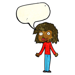 cartoon girl shrugging shoulders with speech bubble