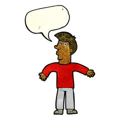 cartoon man shrugging shoulders with speech bubble