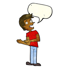 cartoon man making excuses with speech bubble