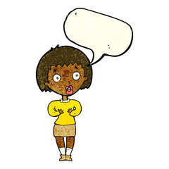 cartoon woman making Who Me? gesture with speech bubble
