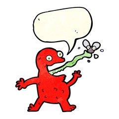 cartoon frog catching fly with speech bubble