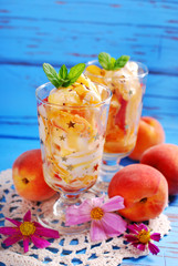 peach and vanilla ice cream with caramel and mint