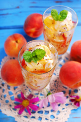 peach and vanilla ice cream with caramel and mint