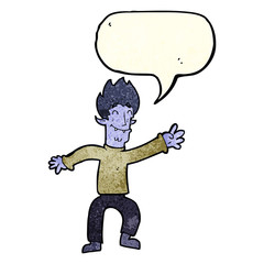 cartoon happy vampire man with speech bubble